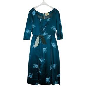 1960s Vintage Vogue Couturier Teal Blue Floral Long Sleeve Dress Small Formal